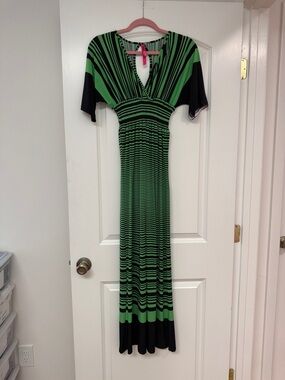 CristinaLove Green and Black Striped V-Neck Maxi Dress